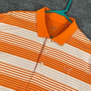 PUMA Polo Shirt Mens Large Orange Striped Short Sleeve Golf Performance Outdoor